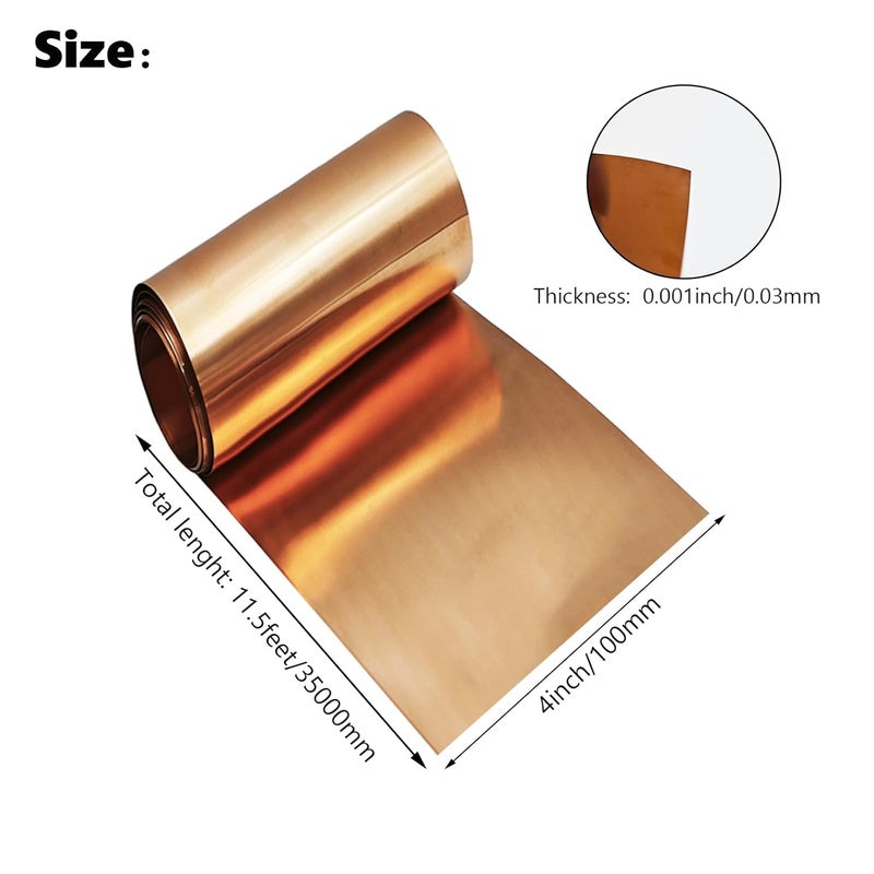 ZYNXTAR Copper Sheet Roll 4" x 11.5ft,99.9% Pure Copper Strip 3500mm x 100mm x 0.03mm,Copper Flashing Foil for Electricity Crafts DIY - Various Sizes - Image 2